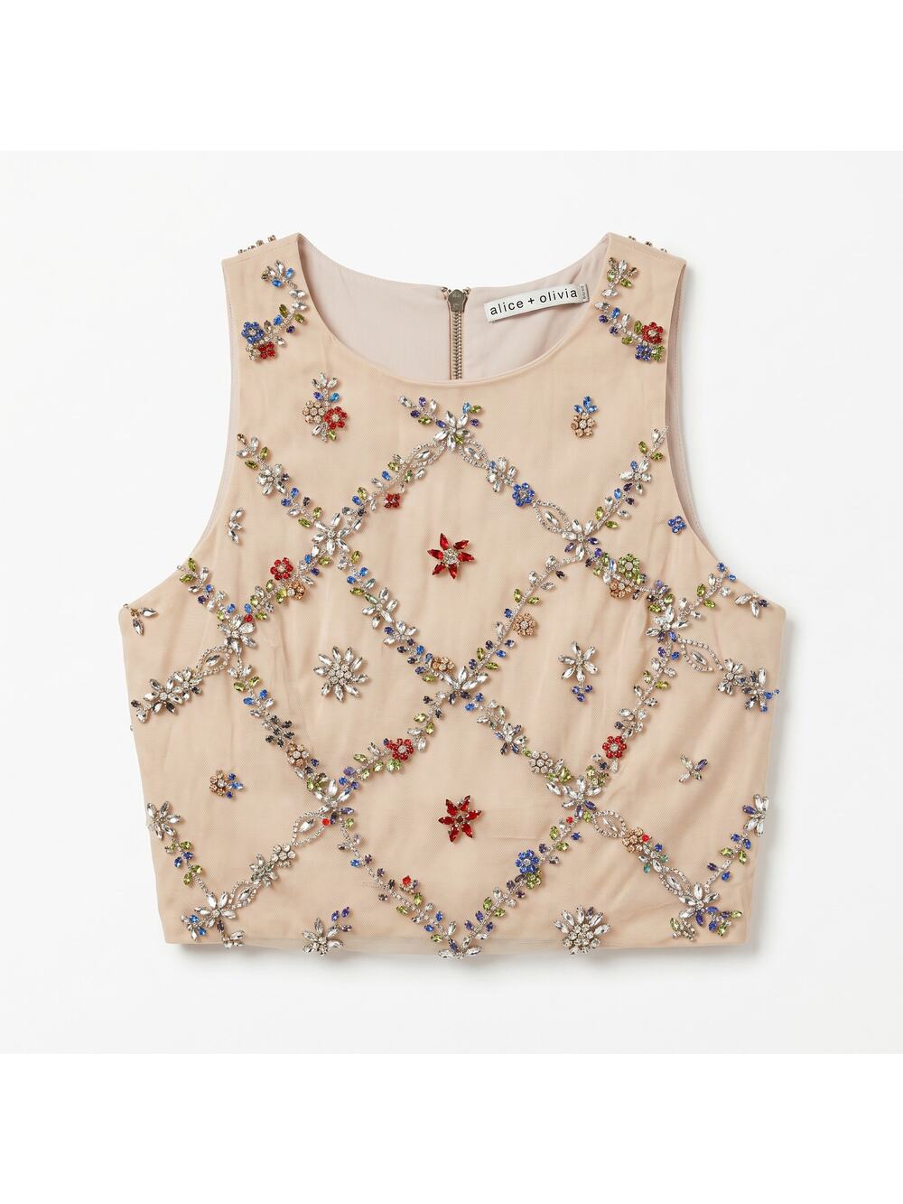 100% silk Jeweled Beaded Nude Crop Top | Multicolor Rhinestone Embellishment